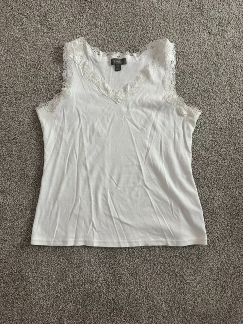 Style & Co White Lace Trim V-Neck Tank Top 100% Cotton M